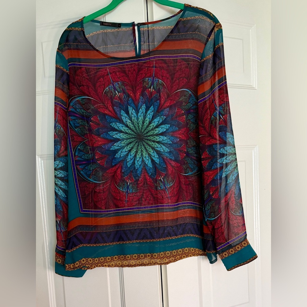 Twenty Twenty Floral Art to Wear Multicolored Sheer Long Sleeve Blouse Size L